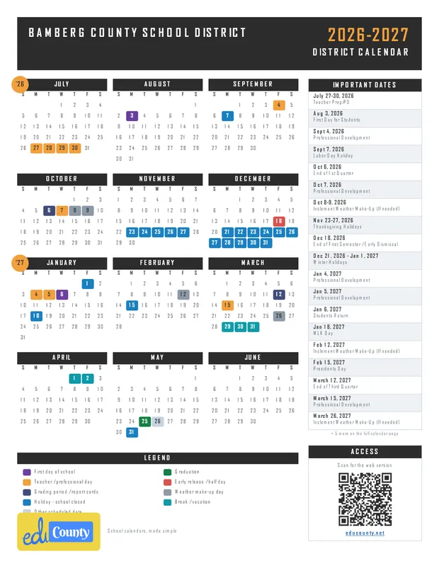 Bamberg County School District printable 2026-27 calendar