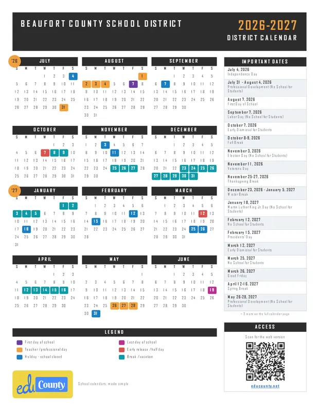 Beaufort County School District printable 2026-27 calendar