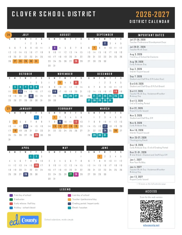 Clover School District CSD printable 2026-27 calendar