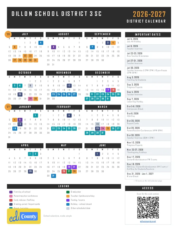 Dillon School District 3 printable 2026-27 calendar