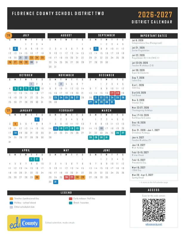Florence County School District Two printable 2026-27 calendar