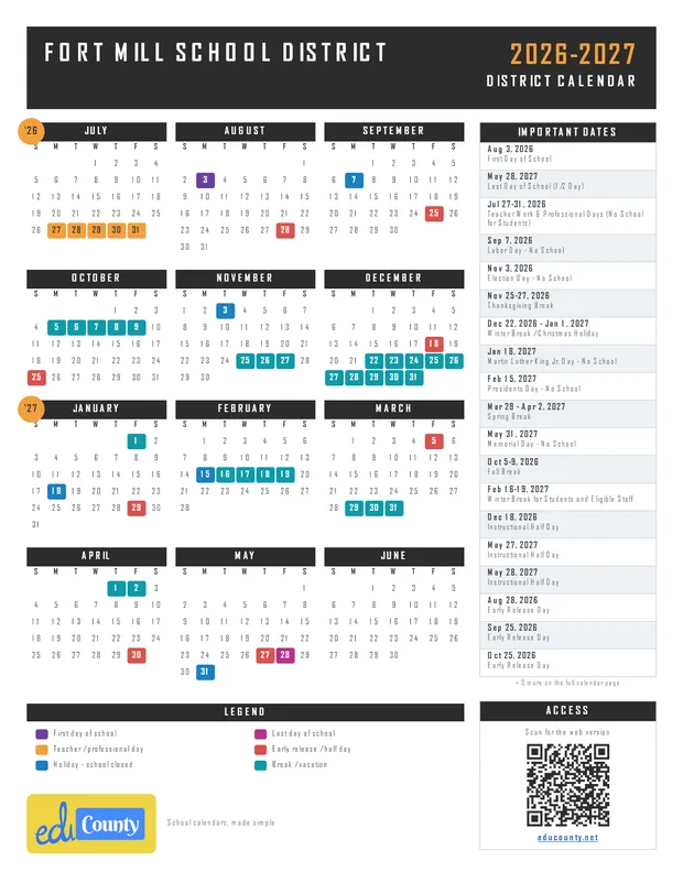 Fort Mill School District printable 2026-27 calendar