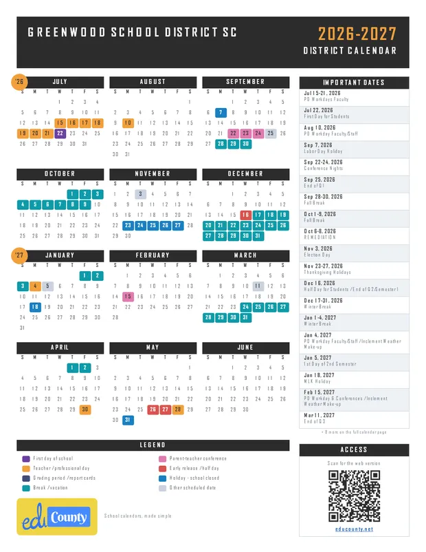 Greenwood School District printable 2026-27 calendar