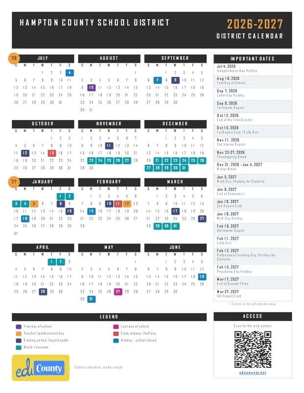 Hampton County School District printable 2026-27 calendar