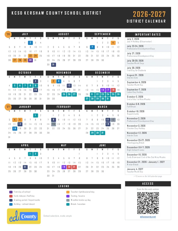 KCSD Kershaw County School District printable 2026-27 calendar