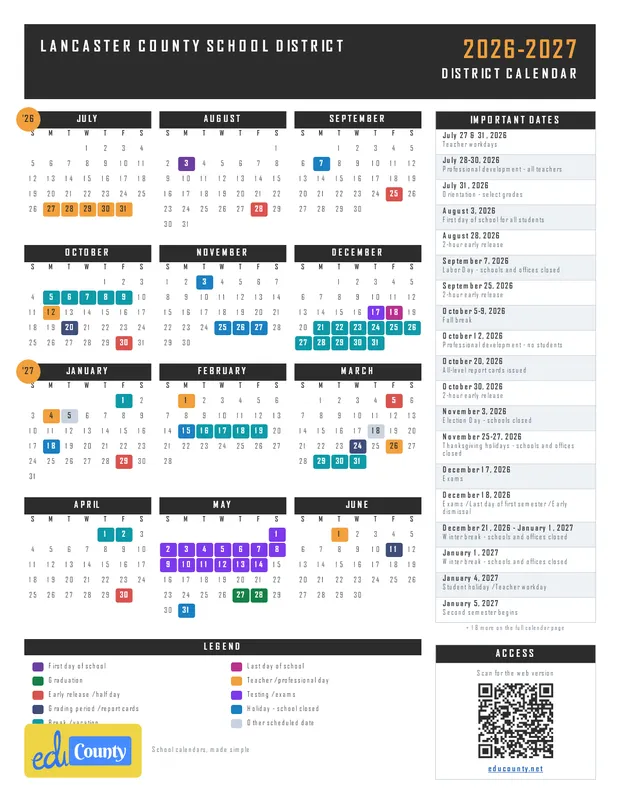 Lancaster County School District printable 2026-27 calendar