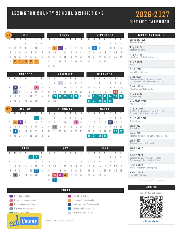 Lexington County School District One printable 2026-27 calendar