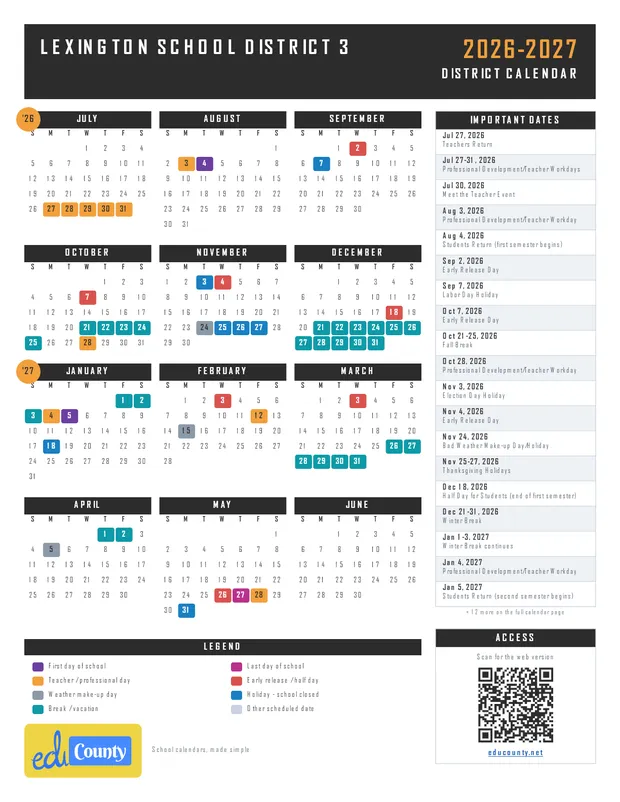 LEXINGTON SCHOOL DISTRICT 3 printable 2026-27 calendar