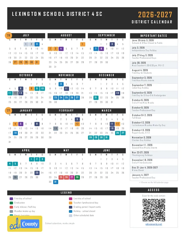 Lexington School District 4 printable 2026-27 calendar