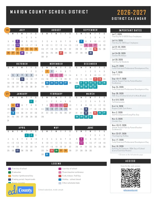 MARION COUNTY SCHOOL DISTRICT printable 2026-27 calendar