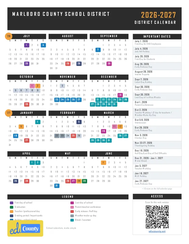 Marlboro County School District printable 2026-27 calendar