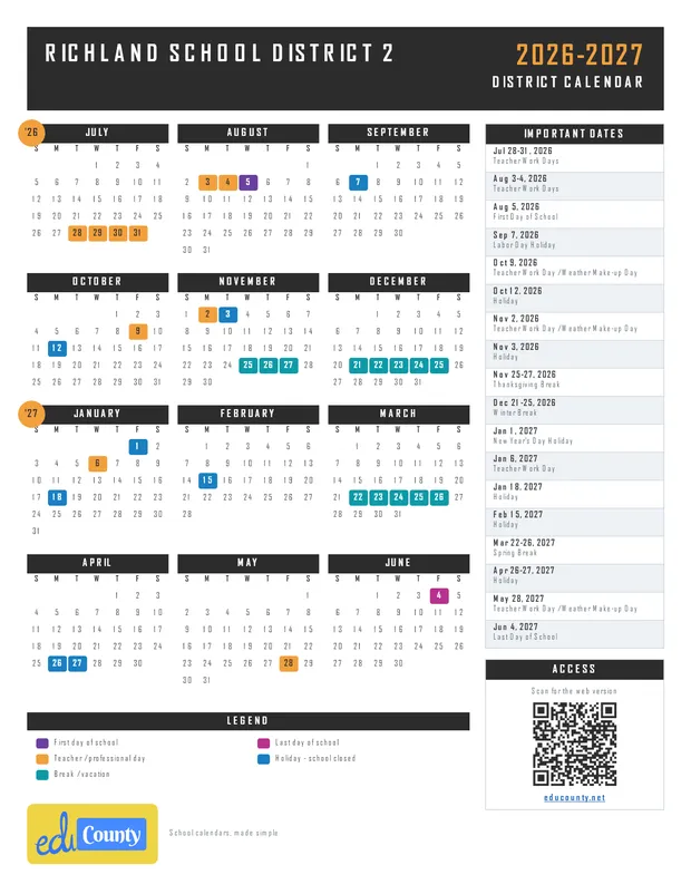 Richland School District 2 printable 2026-27 calendar