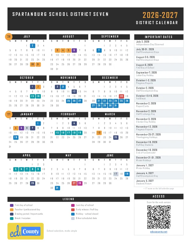 Spartanburg School District Seven printable 2026-27 calendar