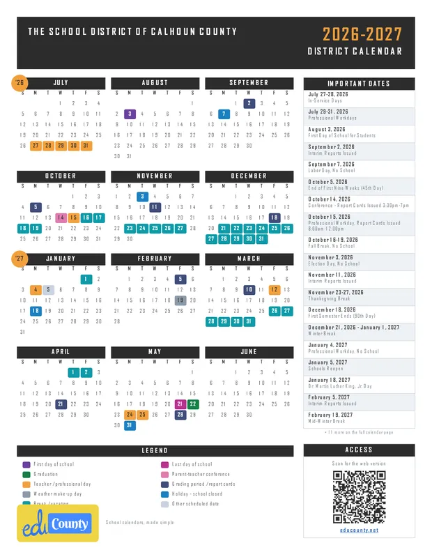 The School District of Calhoun County printable 2026-27 calendar