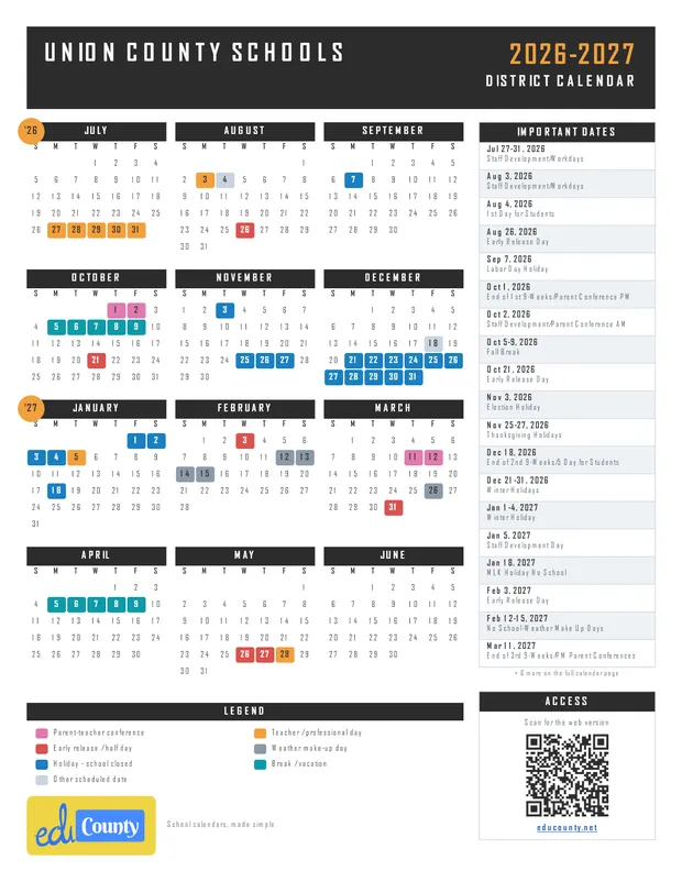 Union County Schools printable 2026-27 calendar