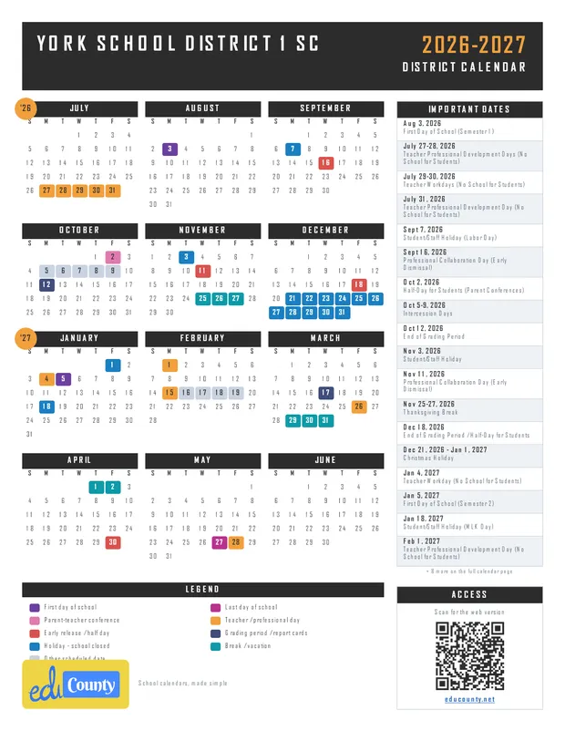 York School District 1 printable 2026-27 calendar