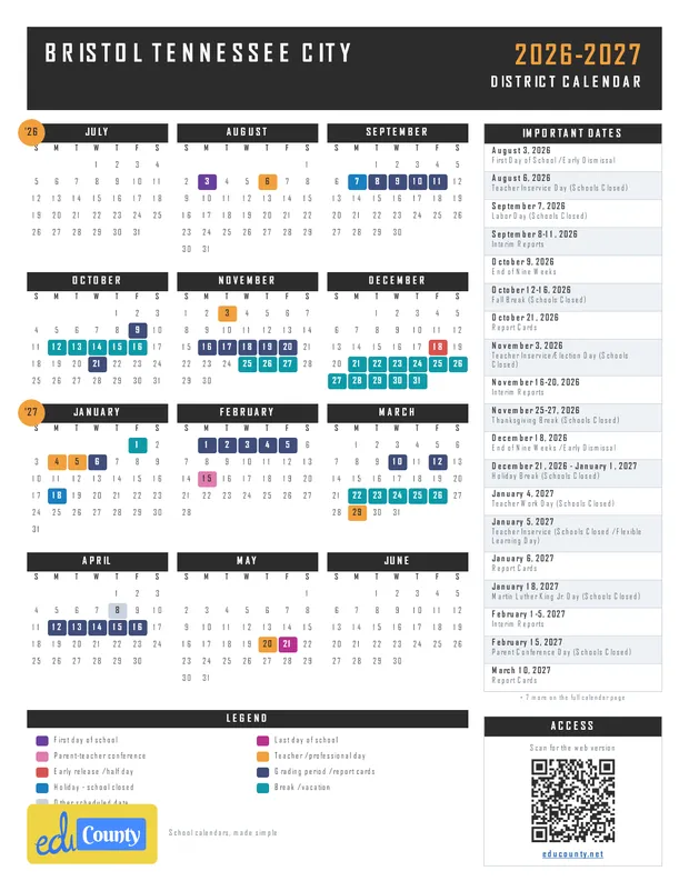 Bristol Tennessee City printable 2026-27 calendar