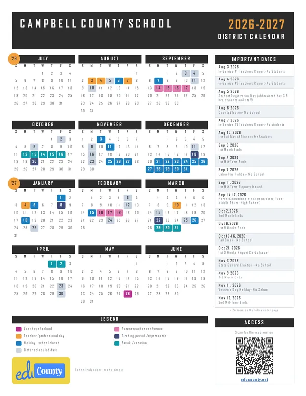 Campbell County School printable 2026-27 calendar
