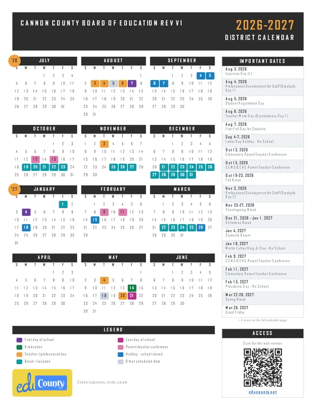 Cannon County Board of Education Rev V1 printable 2026-27 calendar