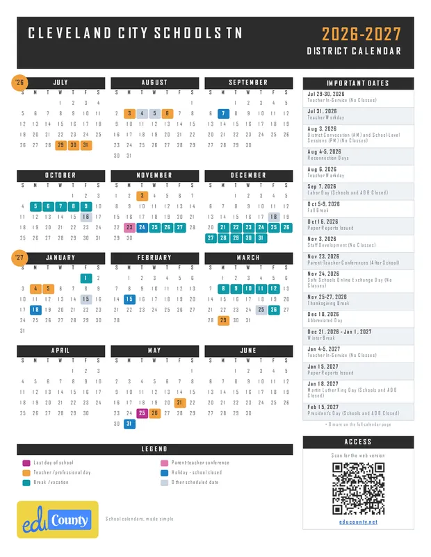 Cleveland City Schools printable 2026-27 calendar