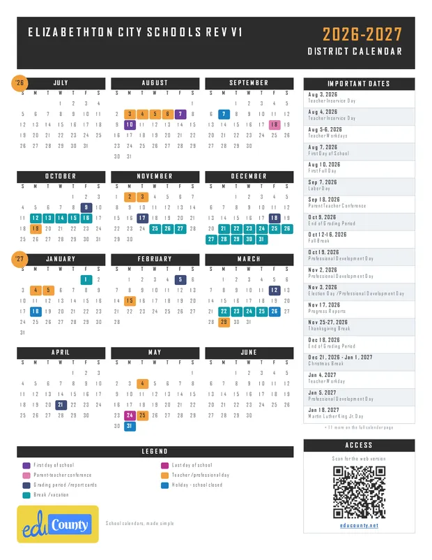 Elizabethton City Schools Rev V1 printable 2026-27 calendar
