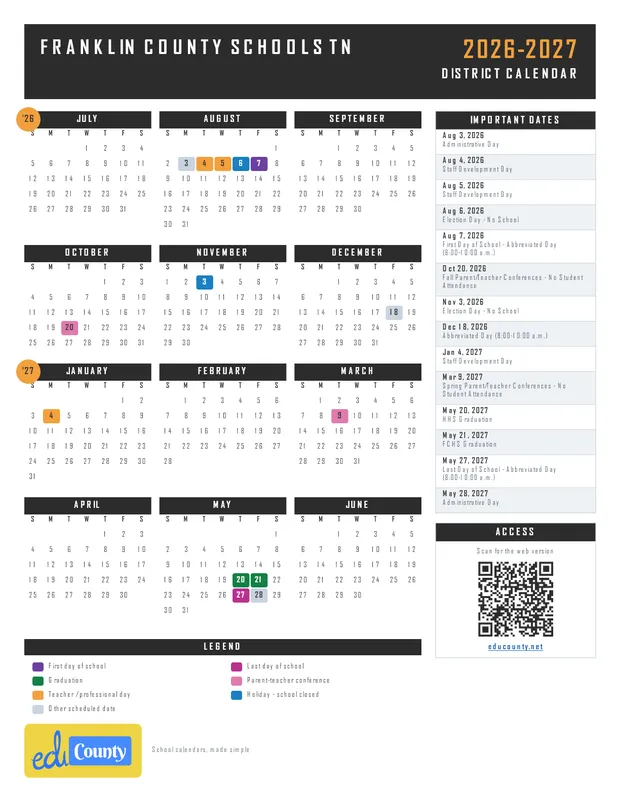 Franklin County Schools printable 2026-27 calendar