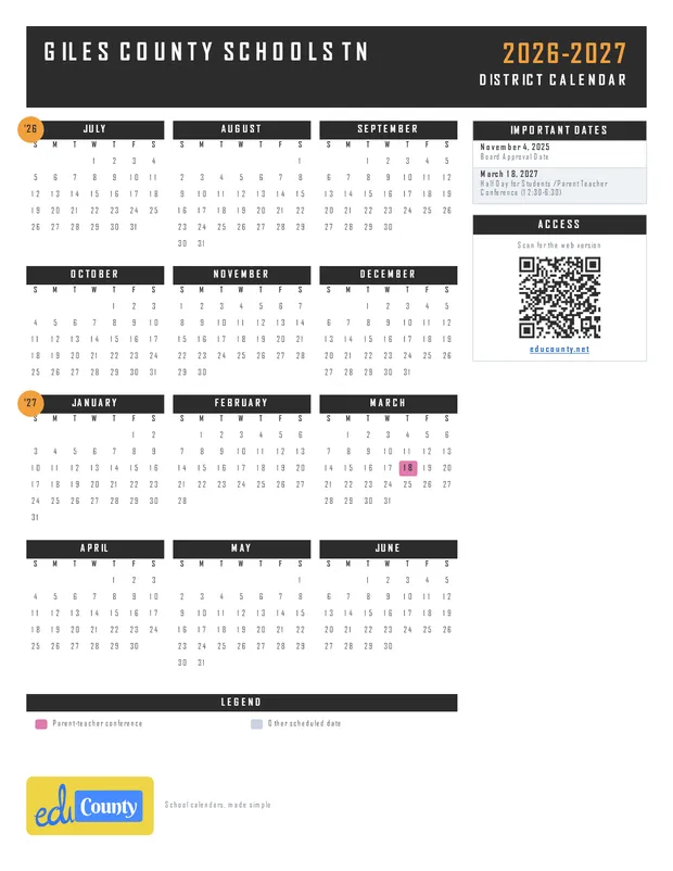Giles County Schools printable 2026-27 calendar