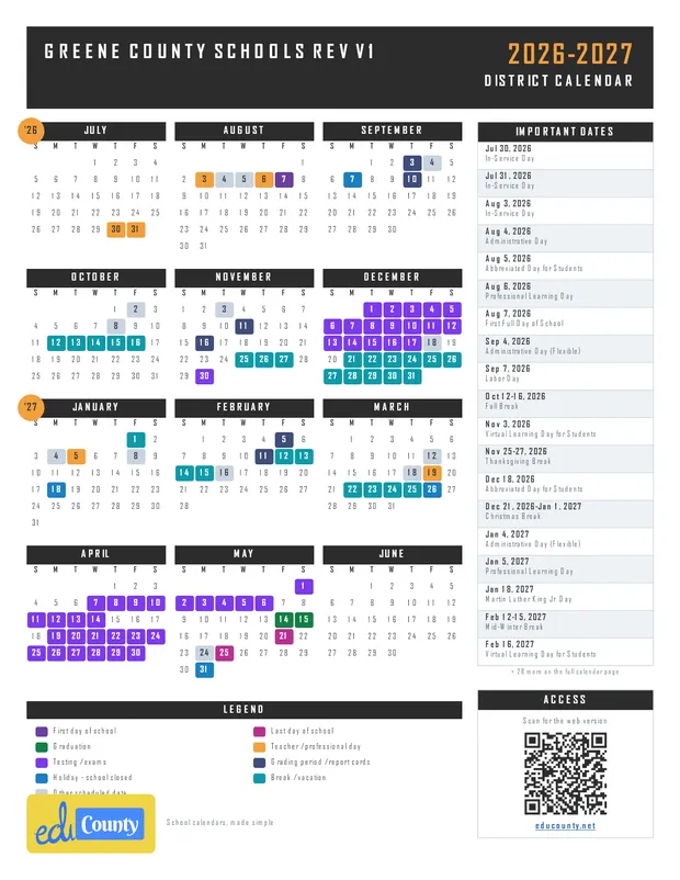 Greene County Schools Rev V1 printable 2026-27 calendar