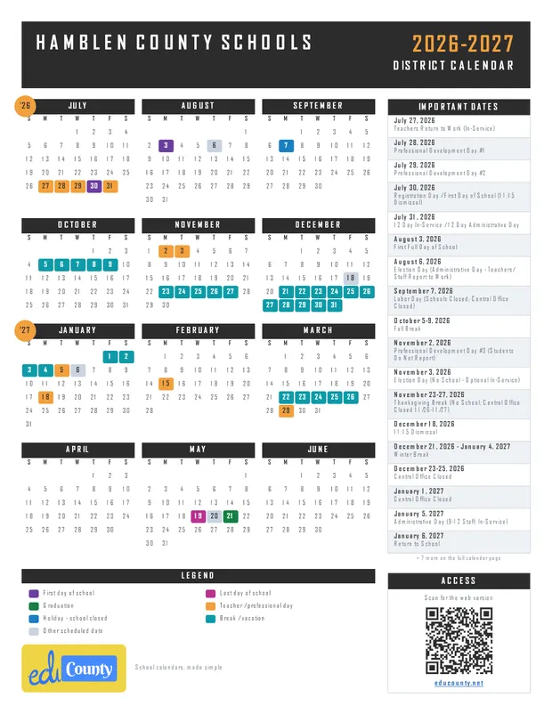 Hamblen County Schools printable 2026-27 calendar