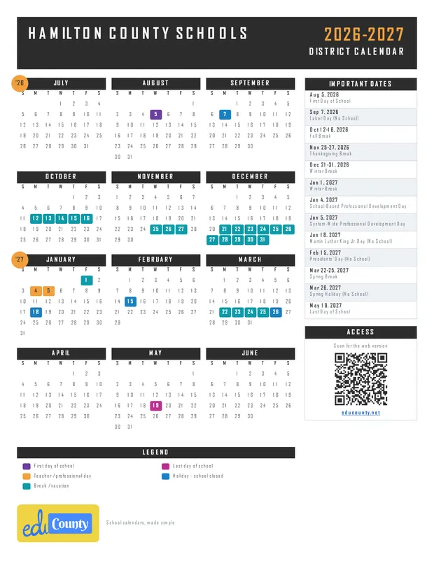 Hamilton County Schools printable 2026-27 calendar