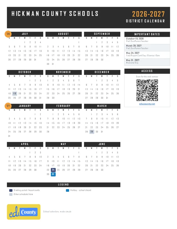 HICKMAN COUNTY SCHOOLS printable 2026-27 calendar