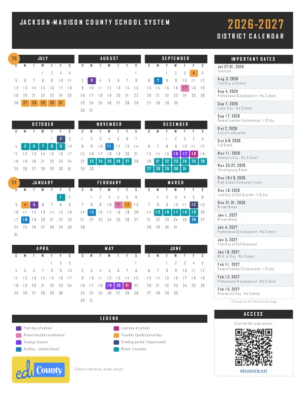 Jackson-Madison County School System printable 2026-27 calendar