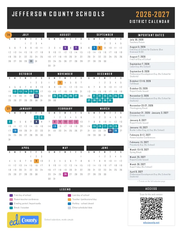 Jefferson County Schools printable 2026-27 calendar