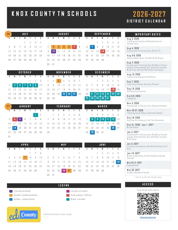 Knox County TN Schools printable 2026-27 calendar