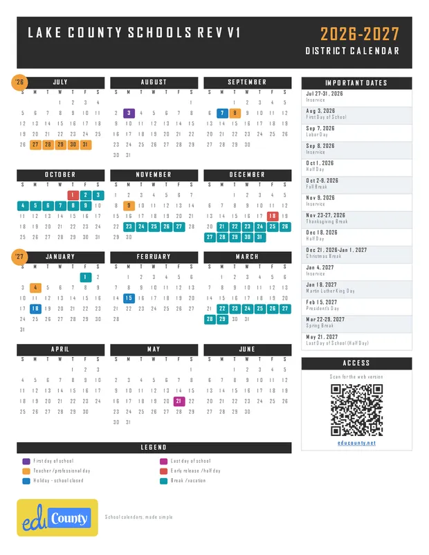 Lake County Schools Rev V1 printable 2026-27 calendar