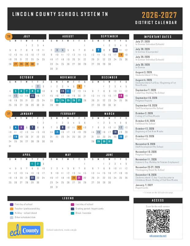 Lincoln County School System printable 2026-27 calendar