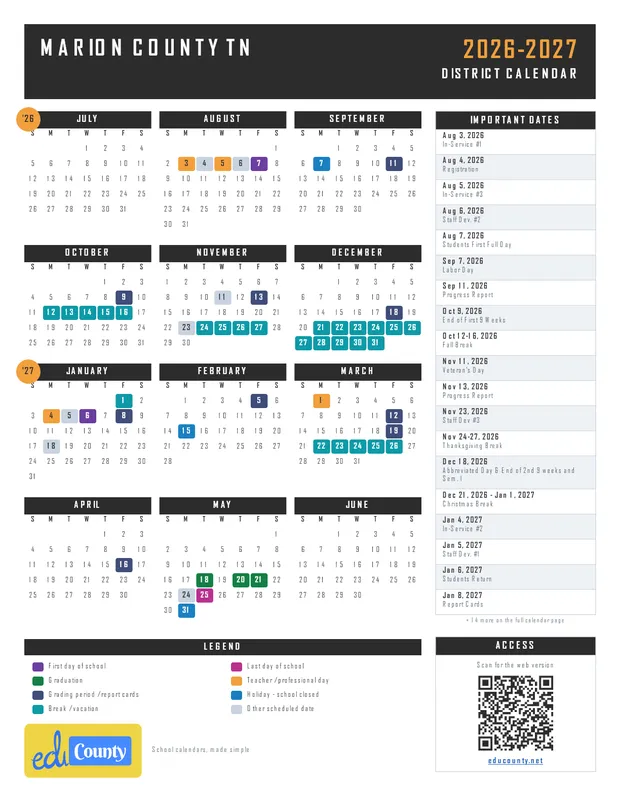 Marion County printable 2026-27 calendar