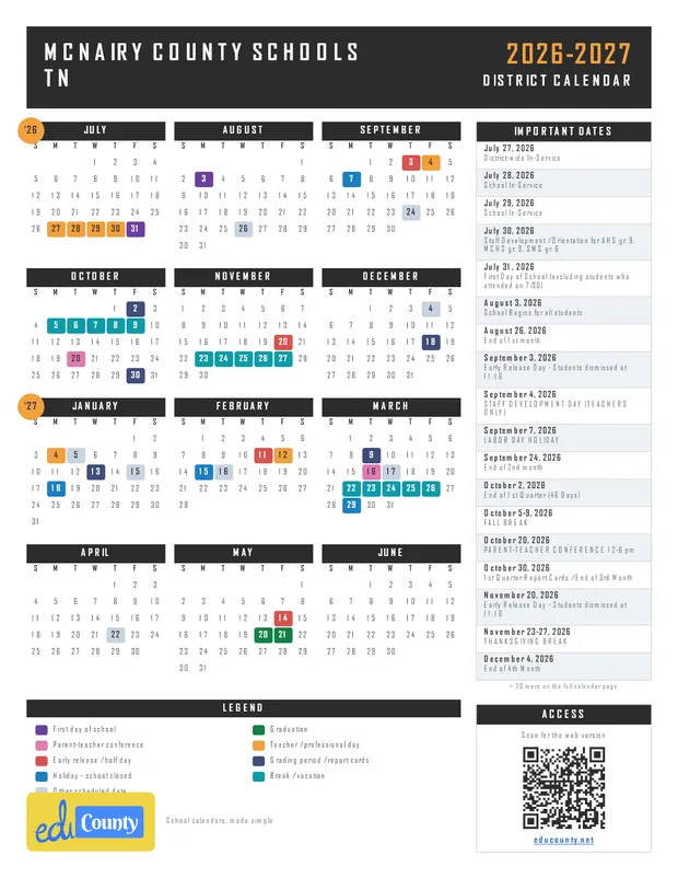 McNairy County Schools printable 2026-27 calendar