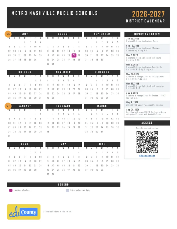 Metro Nashville Public Schools printable 2026-27 calendar