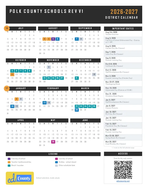 Polk County Schools Rev V1 printable 2026-27 calendar