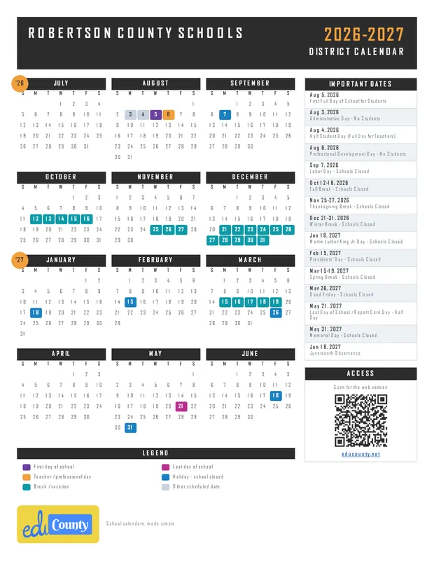 Robertson County Schools printable 2026-27 calendar