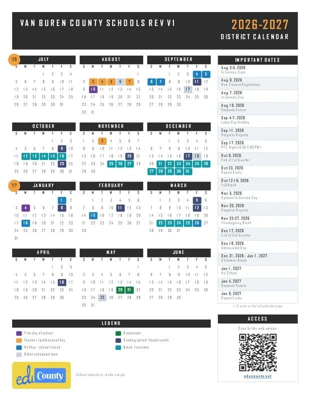 Van Buren County Schools Rev V1 printable 2026-27 calendar
