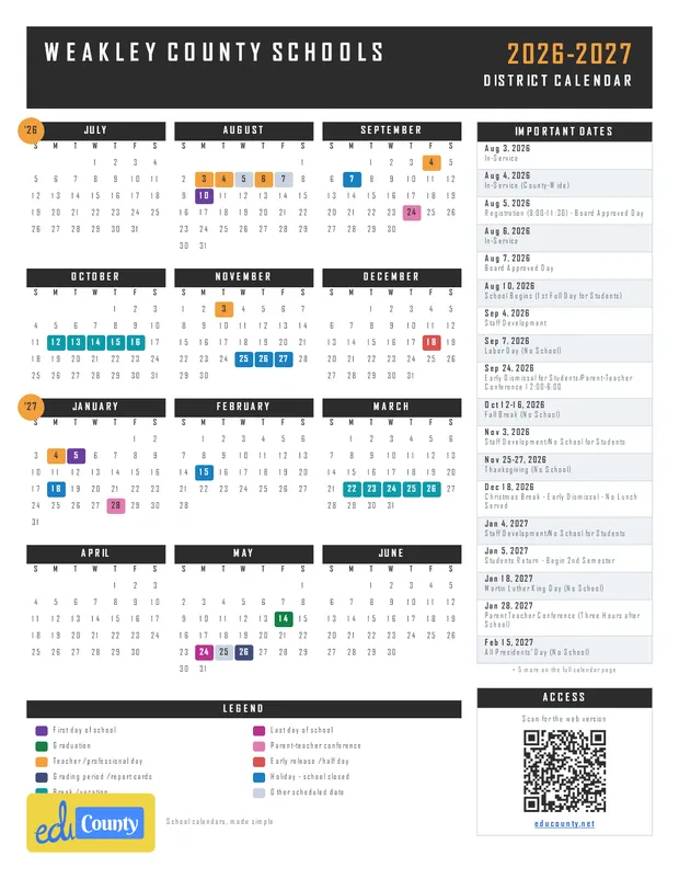 Weakley County Schools printable 2026-27 calendar