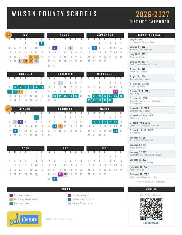 Wilson County Schools printable 2026-27 calendar