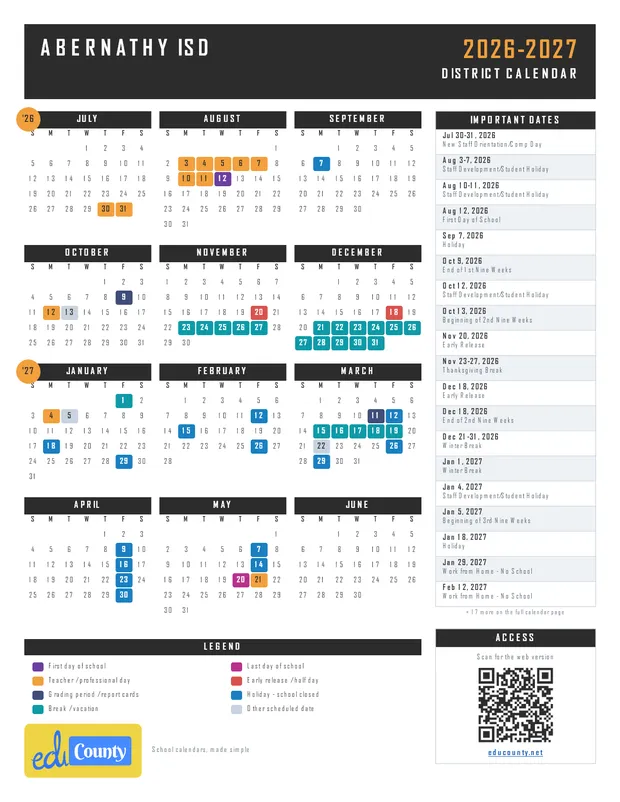 Abernathy ISD printable 2026-27 calendar