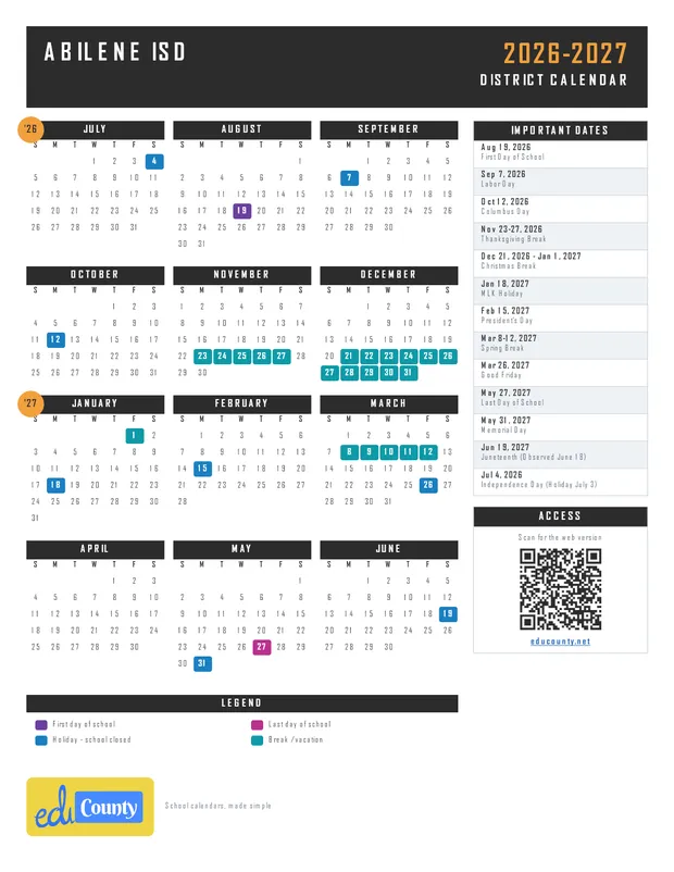 Abilene Independent School District ISD printable 2026-27 calendar