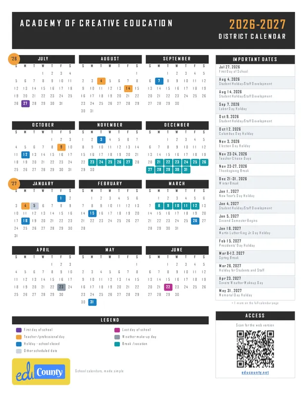 Academy of Creative Education printable 2026-27 calendar