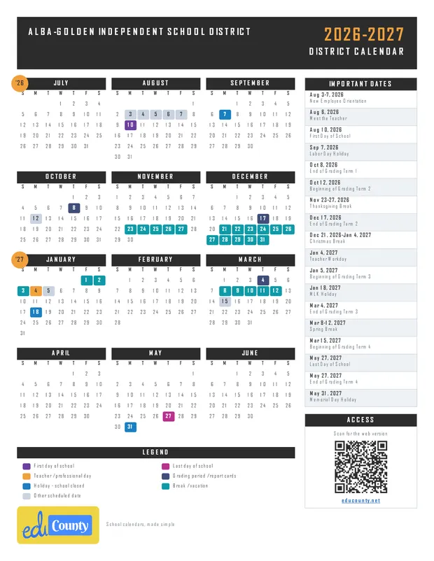 Alba-Golden Independent School District printable 2026-27 calendar