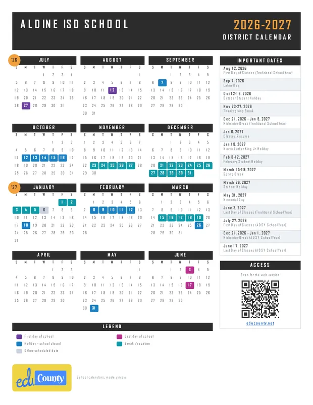 Aldine ISD School printable 2026-27 calendar