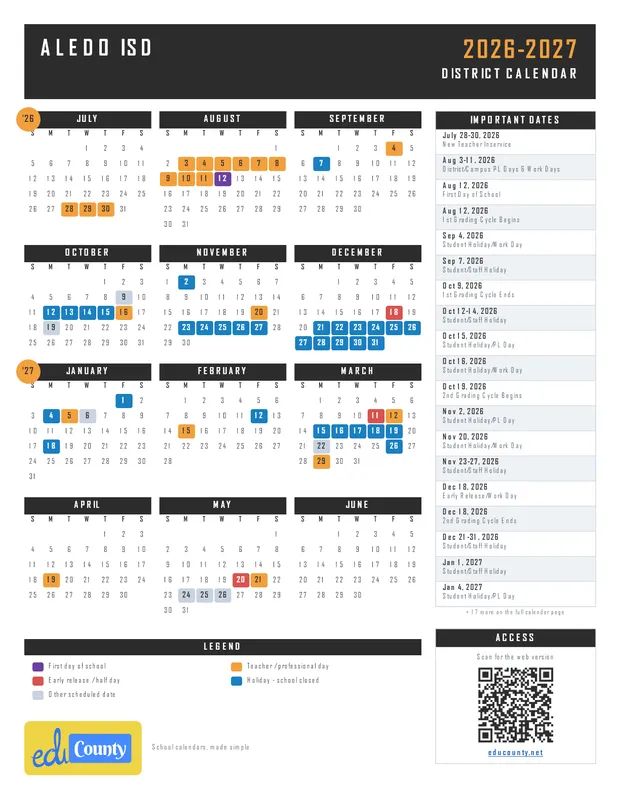 Aledo ISD Independent School District printable 2026-27 calendar